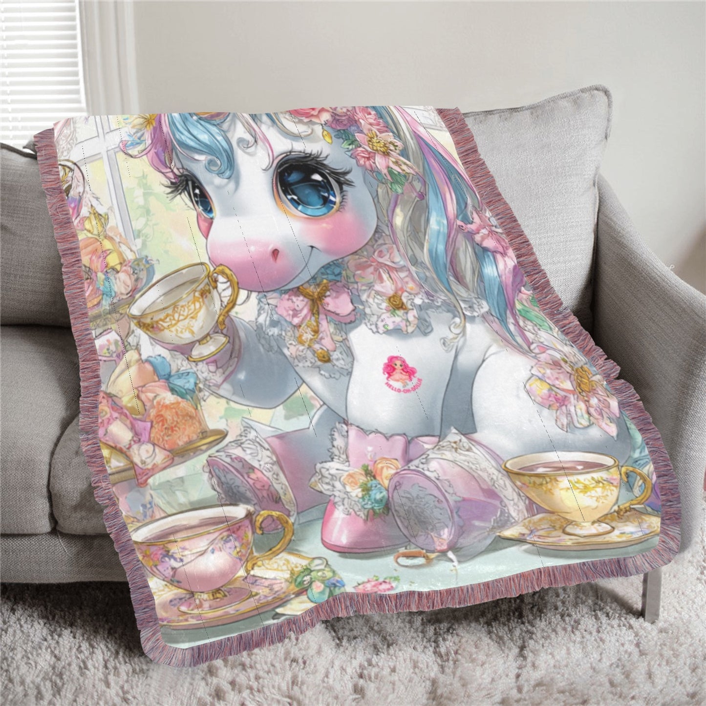HELLO-OH-DOLLIE UNICORN TEA PARTY Ultra-Soft Mixed Pink Fringe Blanket 30"x40"
