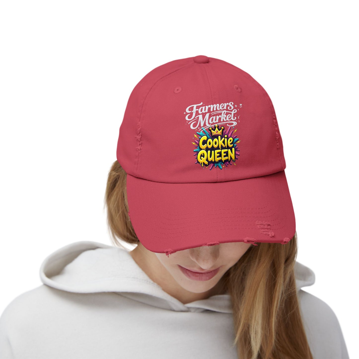 Cookie Queen Distressed Cap — Farmers Market Hat for Bakers & Dessert Lovers