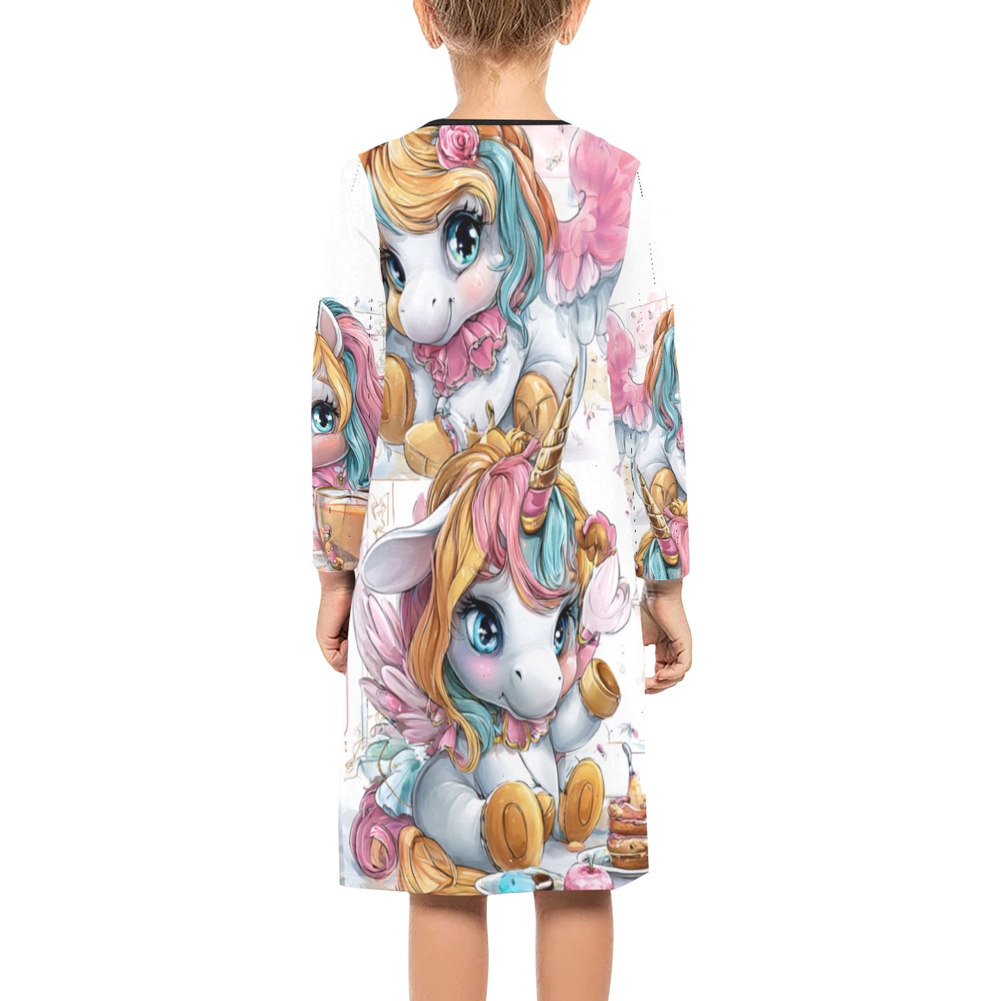Hello-oh-dollie unicorn tea party Girls' Long Sleeve Dress (D59)
