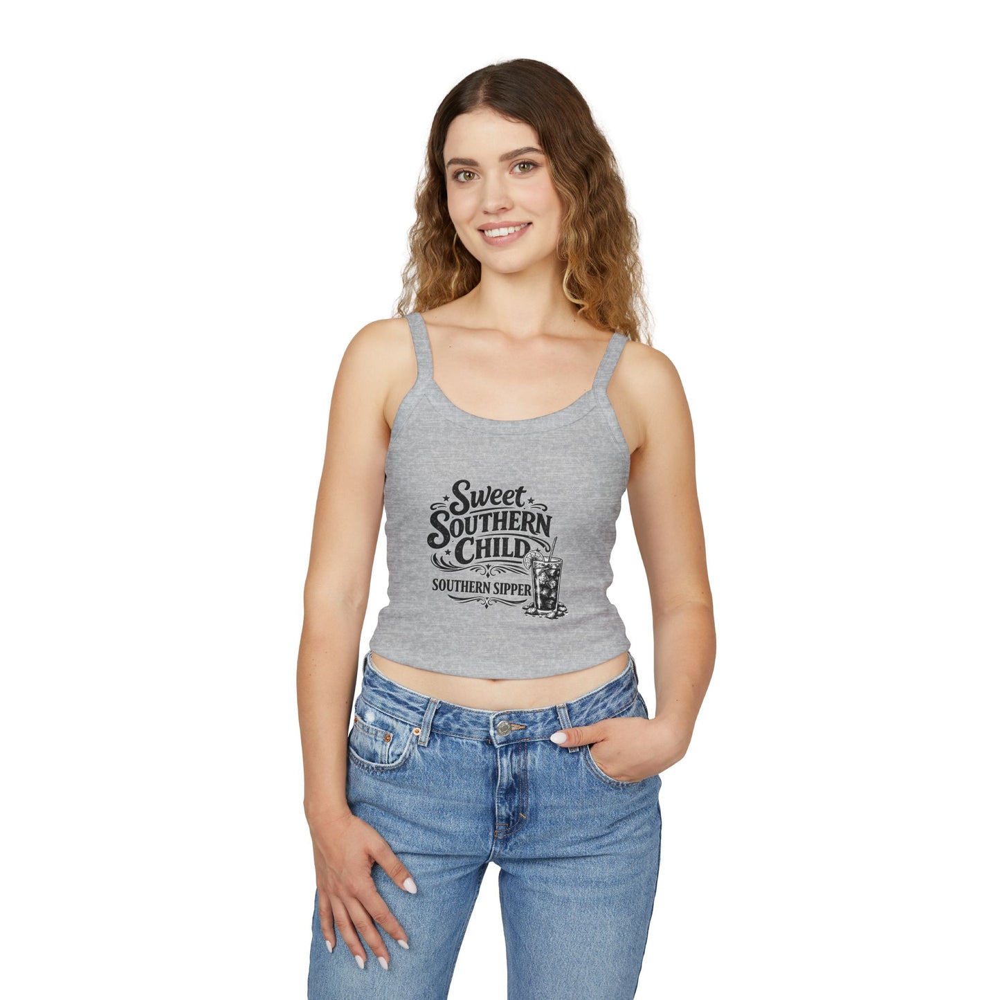 Sweet Southern Child Crop Tank Top – 'Southern Sipper' Graphic Spaghetti Strap