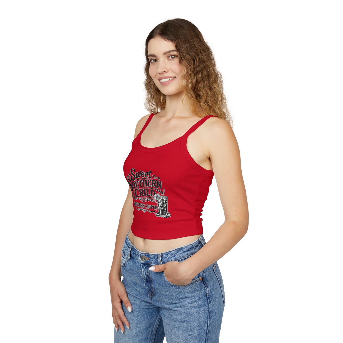 Sweet Southern Child Crop Tank Top – 'Southern Sipper' Graphic Spaghetti Strap