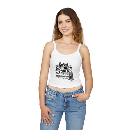 Sweet Southern Child Crop Tank Top – 'Southern Sipper' Graphic Spaghetti Strap
