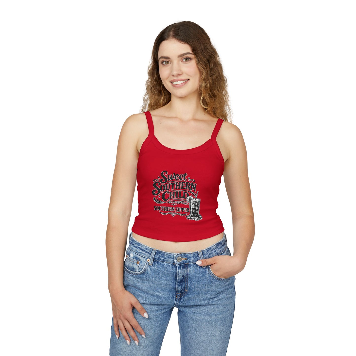 Sweet Southern Child Crop Tank Top – 'Southern Sipper' Graphic Spaghetti Strap
