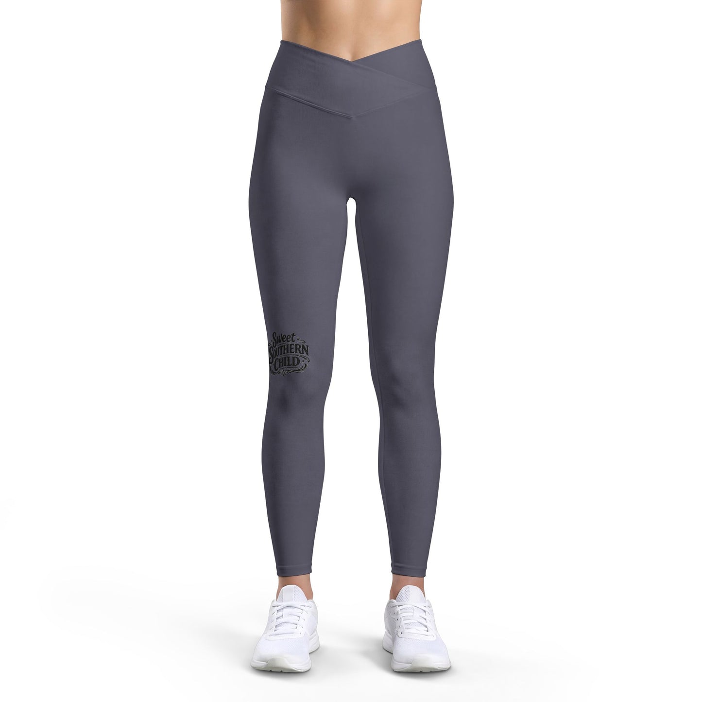 Women’s Luxe Leggings — Dark Gray High-Waist Fitness Leggings with Subtle Side Script Accent