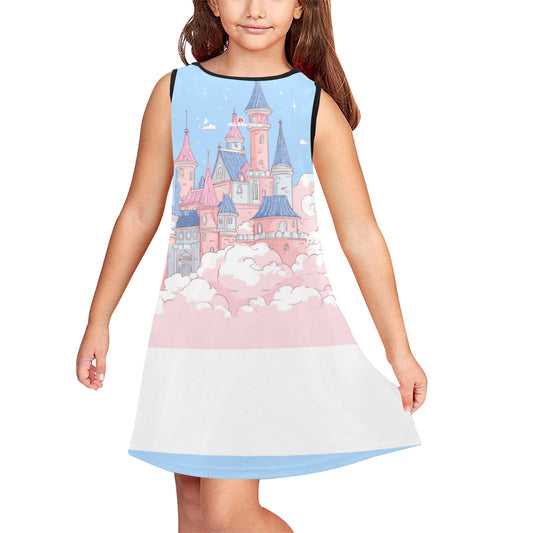 HELLO-OH-DOLLIE Castle in blue and pink Girls' Sleeveless Dress (D58)