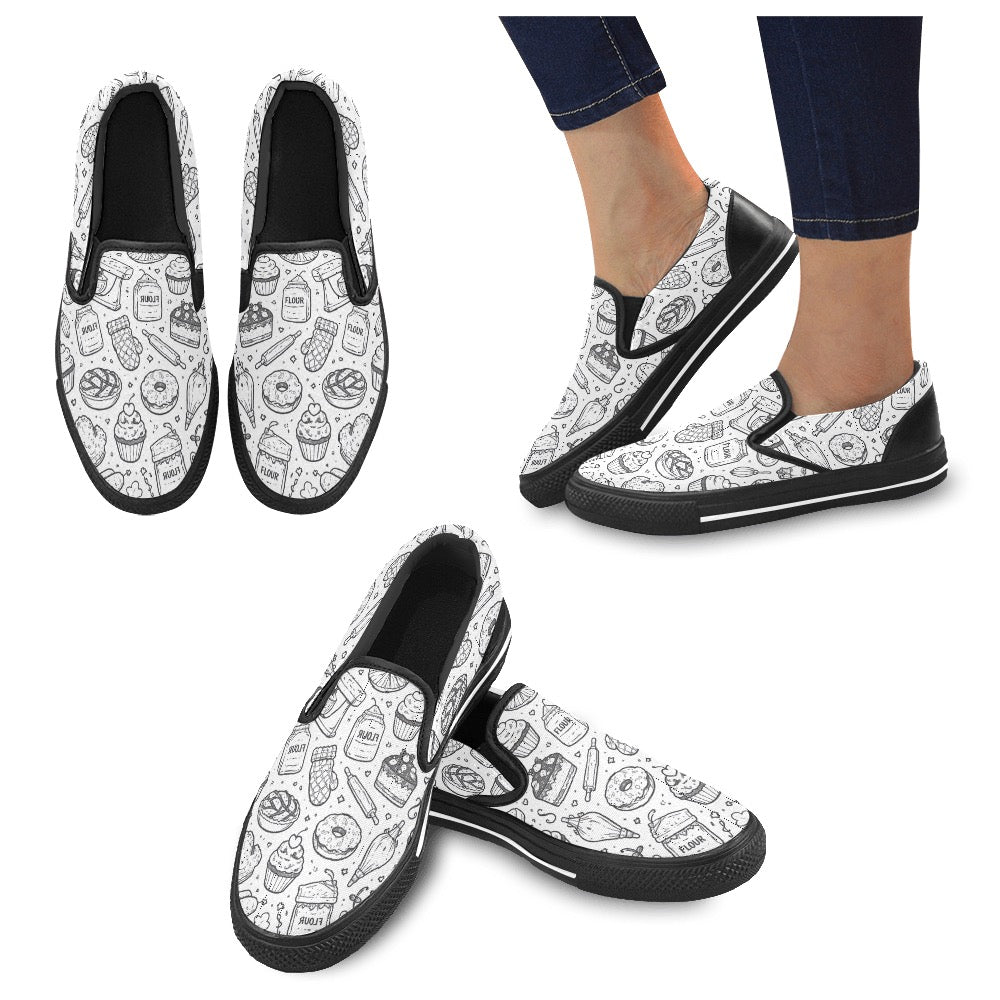 B&W bakery design Slip-on Canvas Women's Shoes