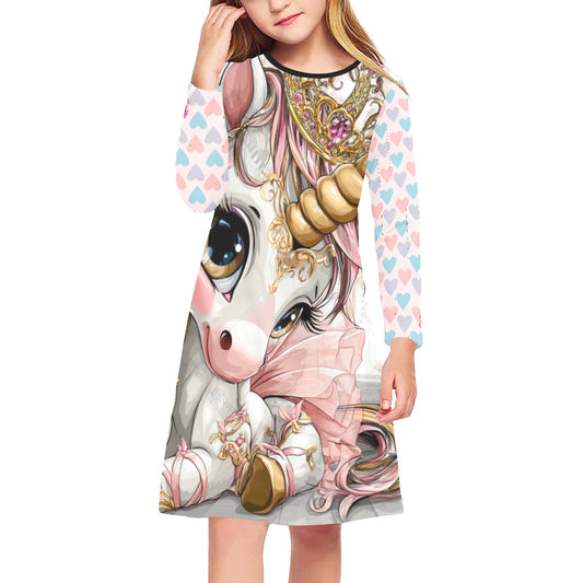 Hello-Oh-Dollie unicorn and hearts print Girls' Long Sleeve Dress (D59)