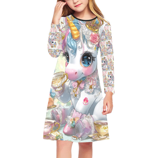 HELLO-OH-DOLLIE Unicorn tea party Girls' Long Sleeve Dress (D59)