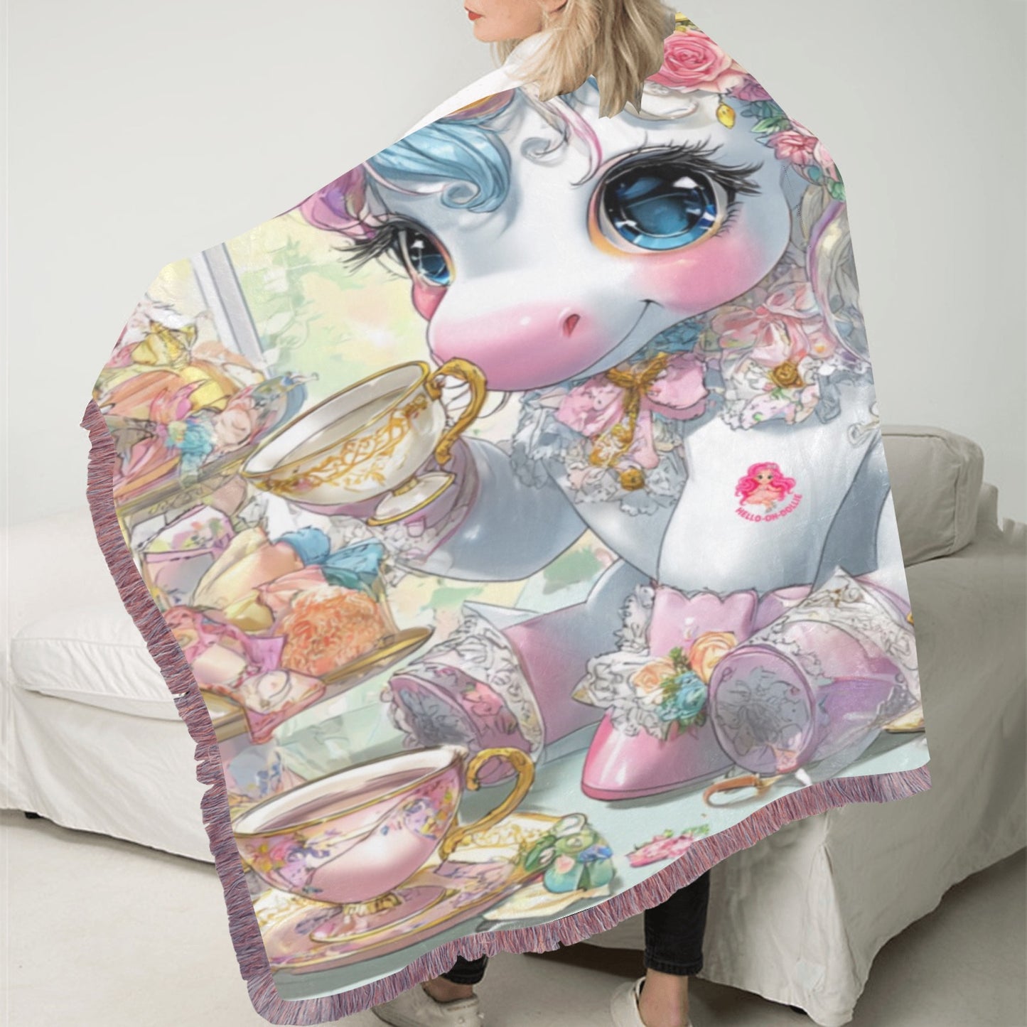 HELLO-OH-DOLLIE UNICORN TEA PARTY Ultra-Soft Mixed Pink Fringe Blanket 30"x40"